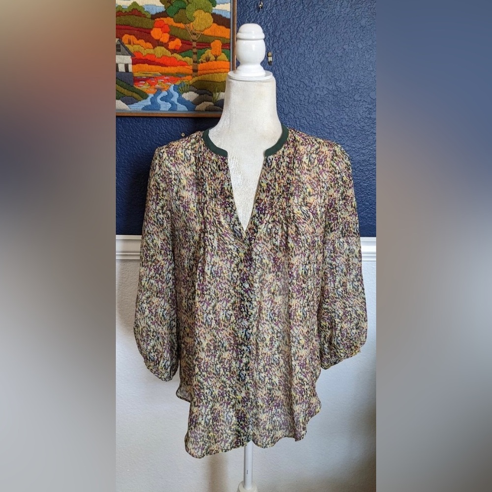 Anthropologie Multicolor Sheer Speckled Blouse with Olive Trim